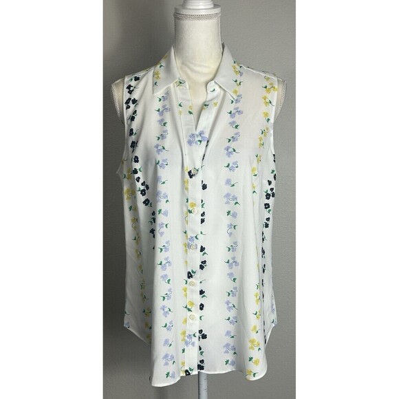 Ann Taylor Sleeveless Essential Button Down White Floral Top Large Petit (12/14) - Picture 2 of 8